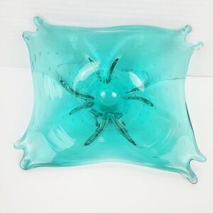 Vtg 60-70s~Murano Centerpiece Bowl~Controlled Bubbles~Stretch~MCM~Teal Aqua Blue